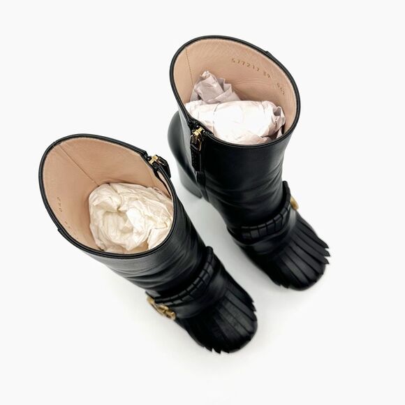 GUCCI Marmont Kiltie Fringe GG Platform Boots Size 39 US 9 Black Leather Ankle - Picture 3 of 12